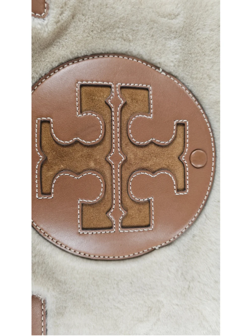 Tory Burch Rory Shearling Leather Tote Bag Cream Brown Large Double T Logo